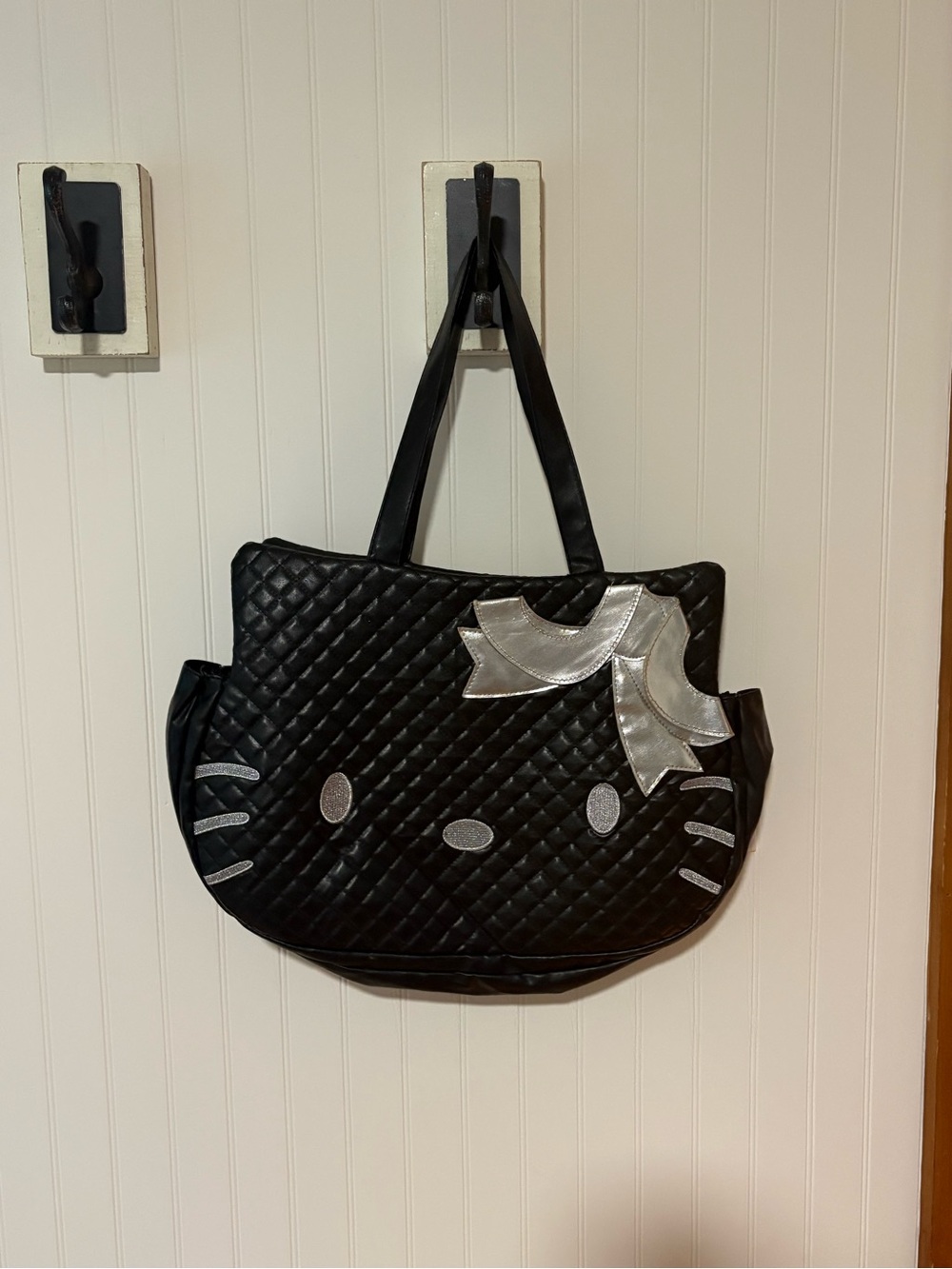 Hello Kitty Sanrio Black Quilted Tote with Silver Bow Accent 18"x12"